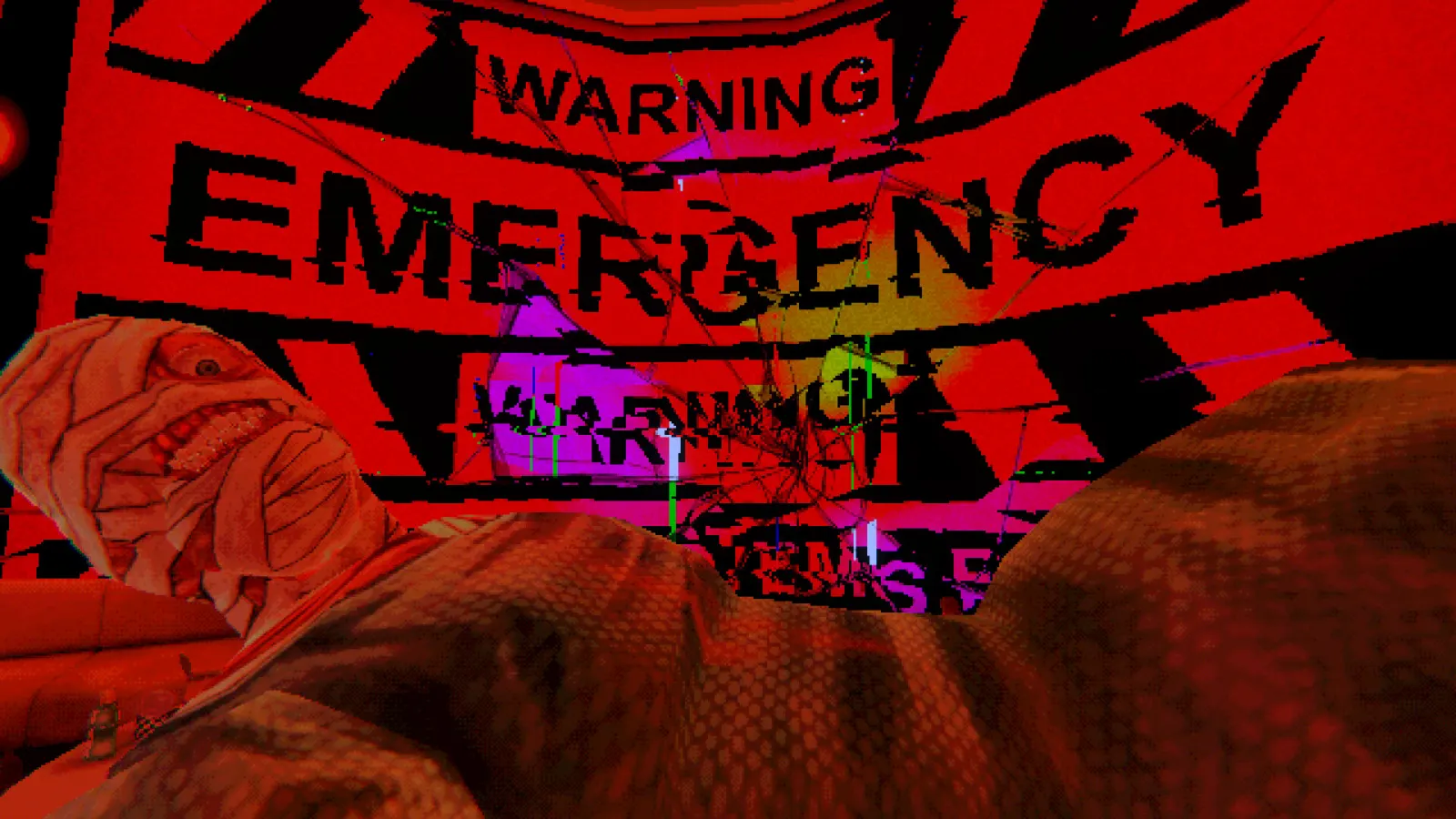 Bandaged crew member under a cracked red WARNING EMERGENCY sign aboard the Tulpar