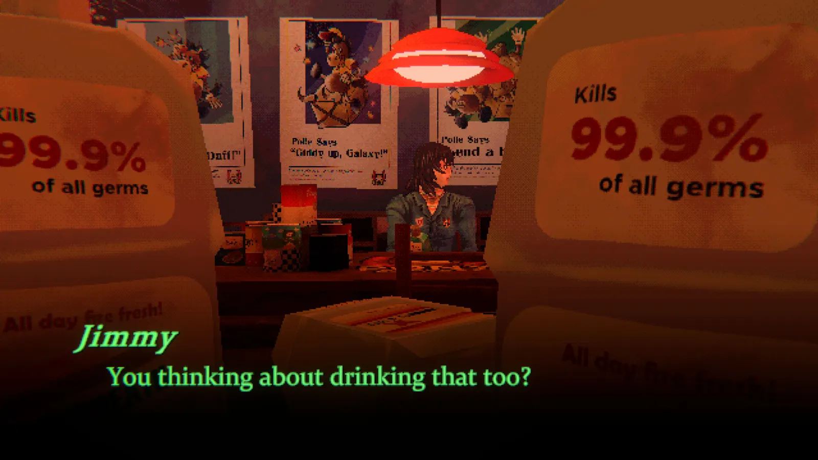 A crew member in the lounge between mouthwash jugs while Jimmy speaks