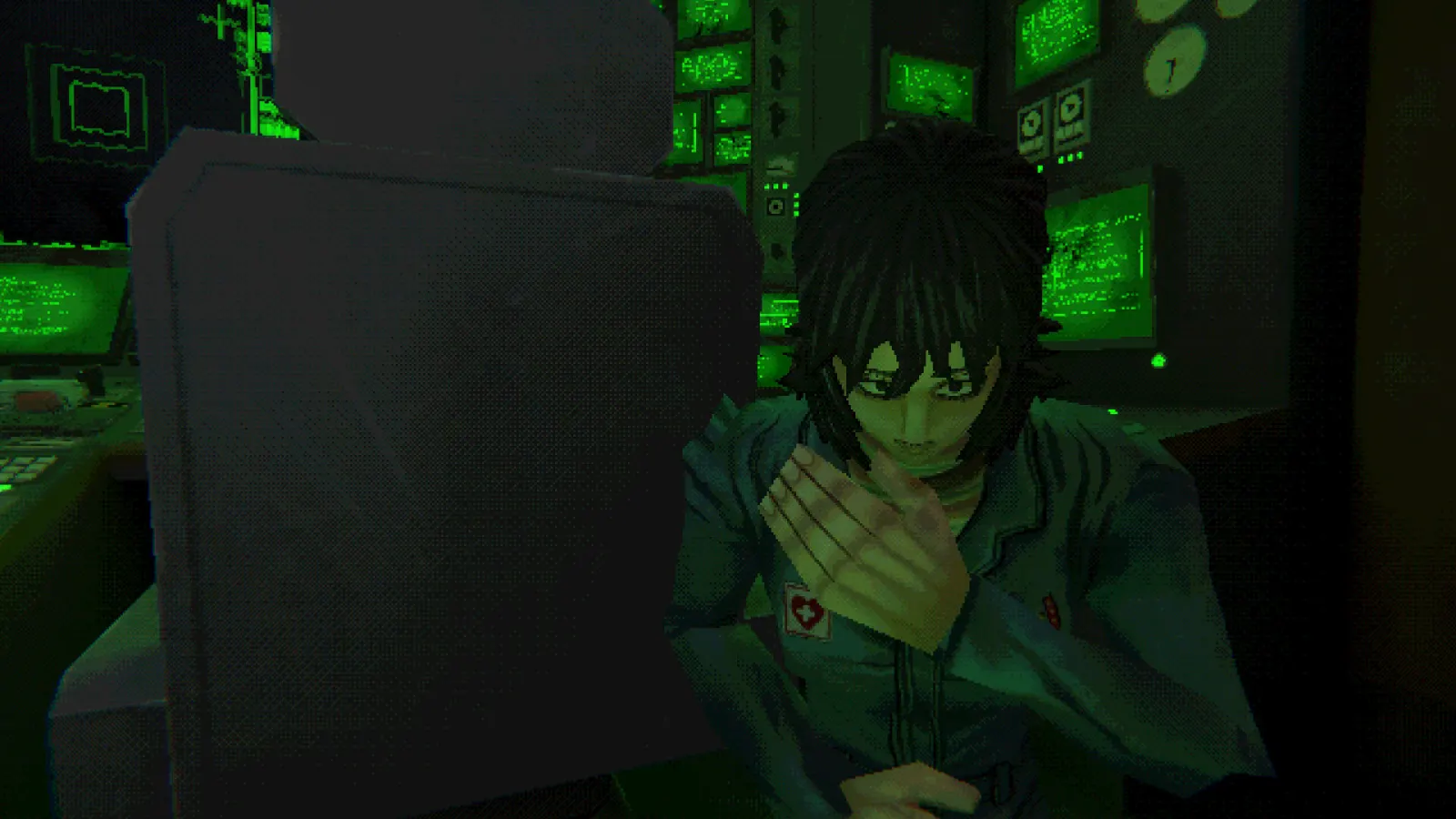 Anya in a blue uniform beside green medical monitors