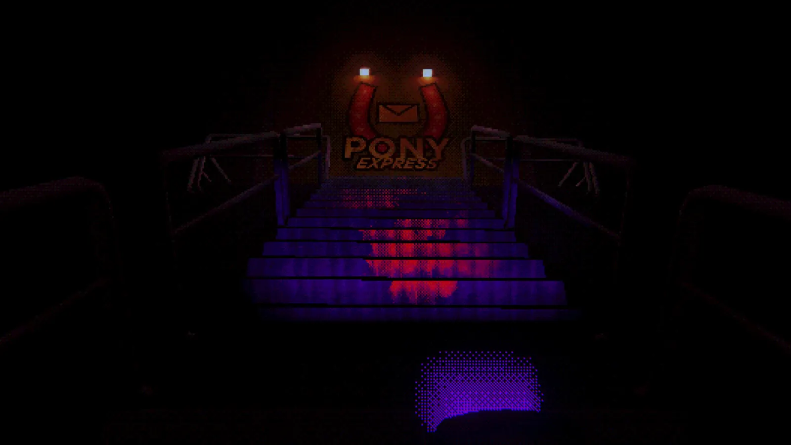 Dark stairway leading to the Pony Express horseshoe logo
